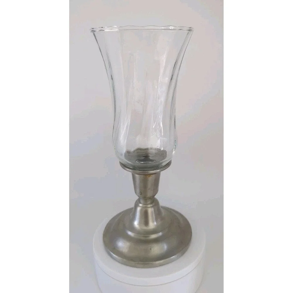 Vintage International Pewter Co Candlestick with Spiral Glass Votive Cup Silver